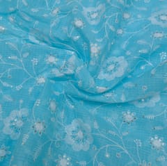 Firozi Color Kota Doria Embroidered Fabric