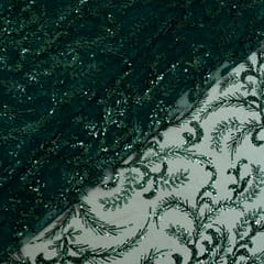 Bottle Green Color Net Embroidered Fabric