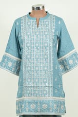 Greyish Blue Color Cotton Embroidered Shirt with Embroidered Bottom