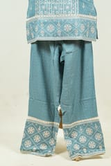 Greyish Blue Color Cotton Embroidered Shirt with Embroidered Bottom