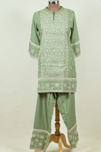 Green Color Cotton Embroidered Shirt with Embroidered Bottom