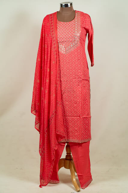 Gajree Color Cotton Print with Embroidered Shirt with Bottom and Chiffon Printed Dupatta