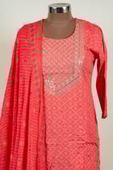 Gajree Color Cotton Print with Embroidered Shirt with Bottom and Chiffon Printed Dupatta