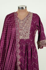 Wine Color Rayon Cotton Embroidered Shirt with Bottom and Chinon Chiffon Embroidered Dupatta