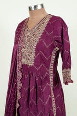 Wine Color Rayon Cotton Embroidered Shirt with Bottom and Chinon Chiffon Embroidered Dupatta