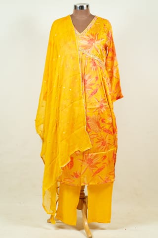 Yellow Color Chinon Chiffon Print with Embroidered Shirt with Bottom and Chiffon Embroidered Dupatta