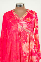 Majenta Color Chinon Chiffon Print with Embroidered Shirt with Bottom and Chiffon Embroidered Dupatta