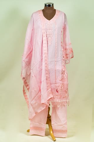 Pink Color Viscose Organza Embroidered Shirt with Bottom and Viscose Organza Embroidered Dupatta