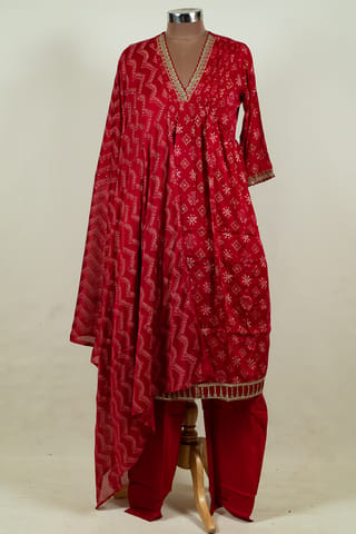 Red Color Chinon Chiffon Print with Embroidered Shirt with Bottom and Chiffon Printed Dupatta