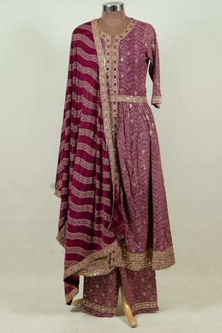 Wine Color Rayon Print with Embroidered Shirt with Bottom and Chinon Printed Dupatta