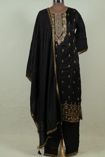 Black Color Upada Embroidered Shirt with Bottom and Silk Dupatta