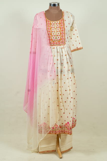 Off White Color Mal Cotton Embroidered Shirt with Bottom and Chiffon Dupatta