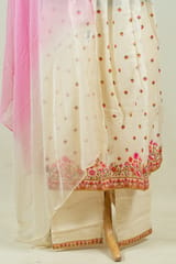 Off White Color Mal Cotton Embroidered Shirt with Bottom and Chiffon Dupatta