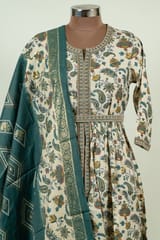 Cream Color Modal Chanderi Print with Embroidered Shirt with Bottom and Chanderi Printed Dupatta