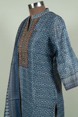 Greyish Blue Color Chanderi Print with Embroidered Shirt with Bottom and Chanderi Printed Dupatta