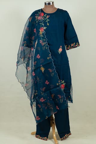 Blue Color Crepe Embroidered Shirt with Bottom and Organza Printed Scalped Dupatta