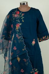 Blue Color Crepe Embroidered Shirt with Bottom and Organza Printed Scalped Dupatta