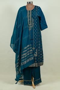 Blue Color Upada Embroidered Shirt with Bottom and Cotton Chanderi Dupatta