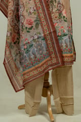 Fawn Color Chanderi Print with Embroidered Shirt with Bottom and Chanderi Printed Dupatta