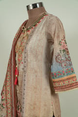 Fawn Color Chanderi Print with Embroidered Shirt with Bottom and Chanderi Printed Dupatta