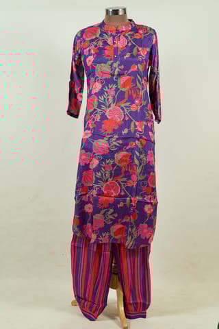 Purple Color Muslin Print with Embroidered Shirt with Muslin Printed Bottom