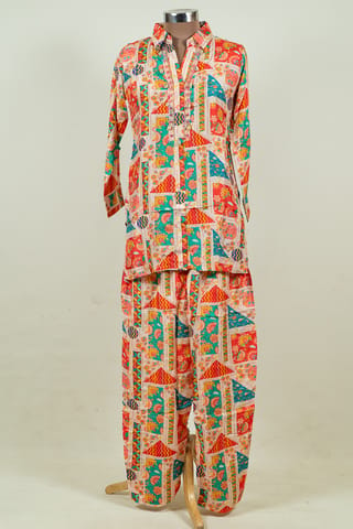 Multi Color Muslin Print with Embroidered Shirt with Muslin Printed Bottom