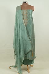 Sage Green Color Chanderi Embroidered Shirt with Bottom and Embroidered Chiffon Dupatta