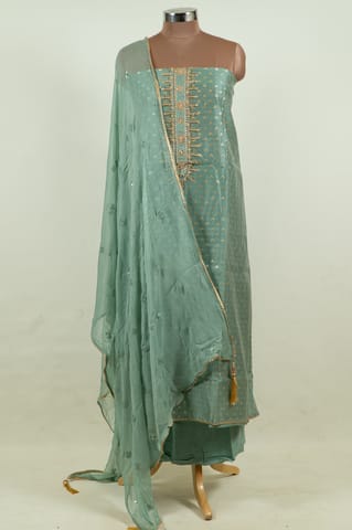 Sage Green Color Chanderi Embroidered Shirt with Bottom and Embroidered Chiffon Dupatta