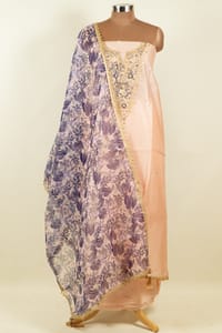 Peach Color Chanderi hand Embroidered Shirt with Bottom and Organza Printed Dupatta