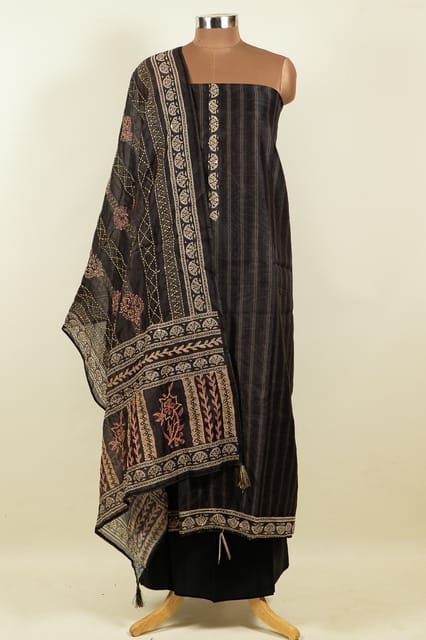 Black Color Chanderi Print with kantha Embroidered Shirt with Bottom and Chanderi Print with Embroidered Dupatta