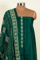 Green Color Chanderi Print with Kantha Embroidered Shirt with Bottom and Chanderi Print with Embroidered Dupatta
