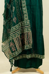 Green Color Chanderi Print with Kantha Embroidered Shirt with Bottom and Chanderi Print with Embroidered Dupatta