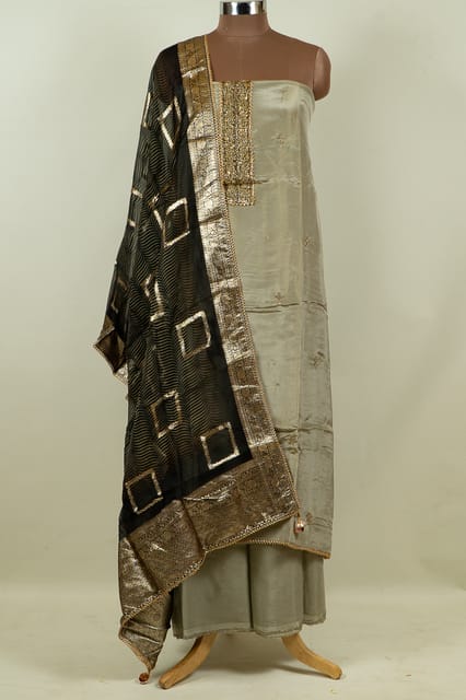 Grey Color Tissue Upada Embroidered Shirt with Bottom and Organza Dupatta
