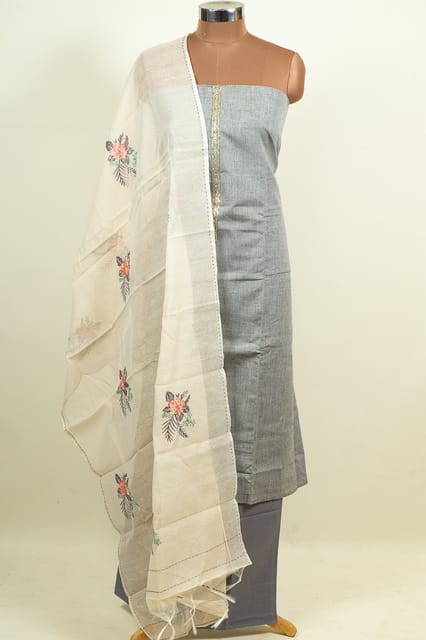 Grey Color Cotton Embroidered Shirt with Bottom and Chanderi Cotton Embroidered Dupatta