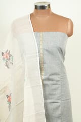 Grey Color Cotton Embroidered Shirt with Bottom and Chanderi Cotton Embroidered Dupatta