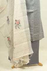 Grey Color Cotton Embroidered Shirt with Bottom and Chanderi Cotton Embroidered Dupatta