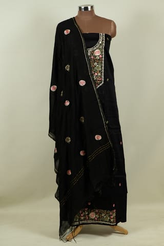 Black Color Jam Cotton Parsi Embroidered Shirt with Bottom and Cotton Embroidered Dupatta