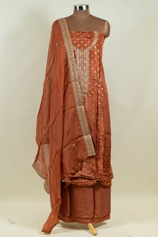 Rust Color Dola Silk Embroidered Shirt with Bottom and Organza Embroidered Dupatta