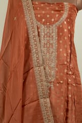 Rust Color Dola Silk Embroidered Shirt with Bottom and Organza Embroidered Dupatta