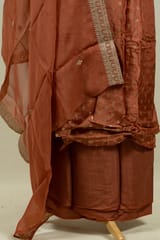 Rust Color Dola Silk Embroidered Shirt with Bottom and Organza Embroidered Dupatta