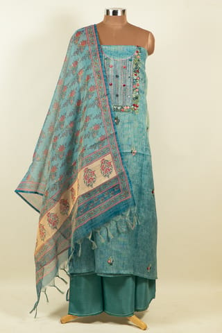Blue Color Tissue Chanderi Hand Embroidered Shirt with Bottom and Chanderi Printed Dupatta