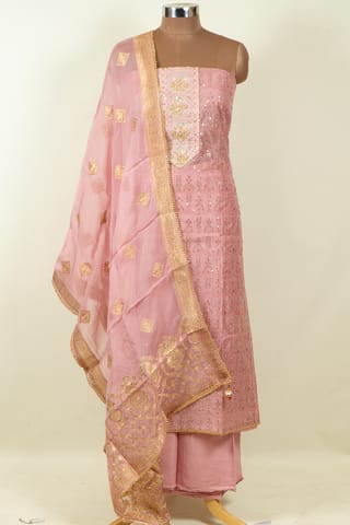Onion Pink Color Chanderi Hand Embroidered Shirt with Bottom and Organza Dupatta