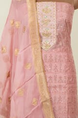 Onion Pink Color Chanderi Hand Embroidered Shirt with Bottom and Organza Dupatta