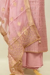 Onion Pink Color Chanderi Hand Embroidered Shirt with Bottom and Organza Dupatta