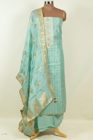 Firozi Color Chanderi Embroidered Shirt with Bottom and Organza Dupatta
