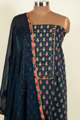 Blue Color Cotton Print with Mirror Embroidered Shirt with Bottom and Chiffon Embroidered Dupatta