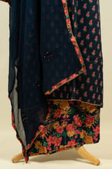 Blue Color Cotton Print with Mirror Embroidered Shirt with Bottom and Chiffon Embroidered Dupatta