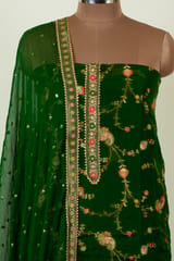 Green Color Viscose jacquard Organza Embroidered Shirt with Bottom and Chiffon Embroidered Dupatta