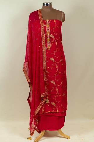 Majenta Color Viscose Jacquard Organza Embroidered Shirt with Bottom and Chiffon Embroidered Dupatta