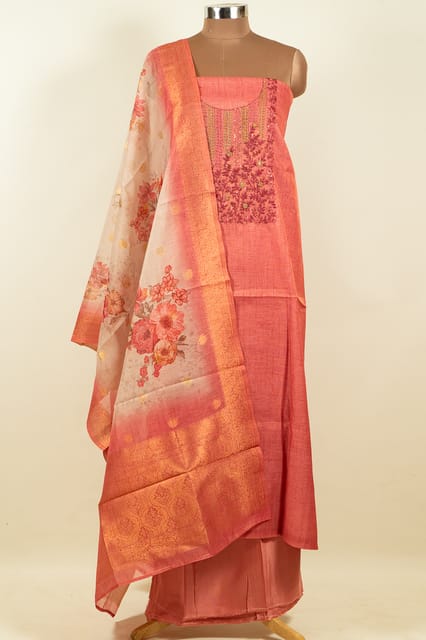 Gajree Color Tissue Chanderi Hand Embroidered Shirt with Bottom and Chanderi Printed Dupatta